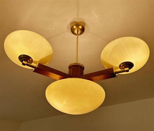 Large Art Deco Pendant Light, Wood Brass Glass Chandelier, Vintage Ceiling Lamp - Etsy