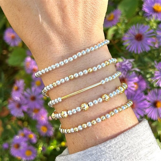 Gold and Silver Beaded Bracelets, Mixed Metal Jewelry, Dainty Gold Bracelet Stack, Minimalist Bracelet Set, Two Toned Stacking Bracelets - Etsy