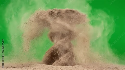 Dynamic Dust Vortex Swirling and Lifting Dry Soil Particles on a Vibrant Green Screen Background