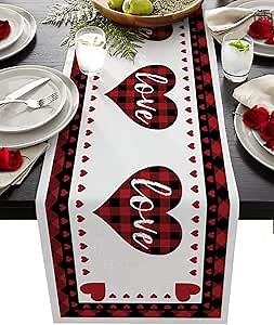Cotton Linen Table Runners Valentines Day Red and Black Buffalo Check Plaid Love Non-Slip Burlap Rectangle Tablecloths Decor for Wedding Party Holiday Dinner Home,13x72 inches Long,Hearts Shaped