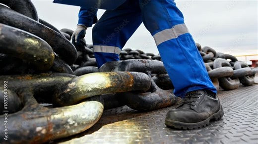 Technician inspects heavy anchor chains on a ship deck to ensure stability and safety during anchoring operations.