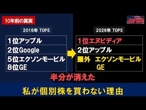 10年前のS&P500トップ10の半分が今や圏外。私が個別株を買わない理由【新NISA・オルカン】