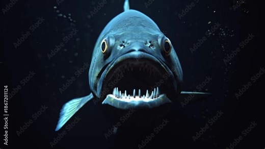 Ultra-high-definition 4K slow-motion close-up deep-sea fish pitch-black water. Focus large staring eyes, menacing sharp teeth glowing bioluminescent lure water particles plankton create depth. Dark 4k