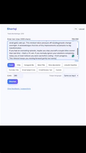 Still editing your text manually? Paste your message into Shortqi and get a version that fits the limit. | Shortqi