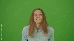 Green Screen. Chroma Key. Angry Girl Swear at Camera. Woman Wearing in Blue Shirt Feeling Nervous and Angry Gesticulating with Hands