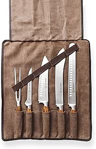 Zebra Wood 6-Piece BBQ Knife Set - Fully Forged Stainless Steel Grilling Utensils Including Brisket, Butcher, Chef's, Boning Knives, Carving Fork, Knife Carrying Roll