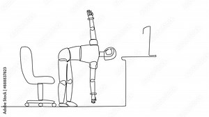 Self drawing animation single one line drawing robot stands with one hand raised and the other hand holding the toe. Robot exercising. Train muscle movements to be more flexible. Full length animated