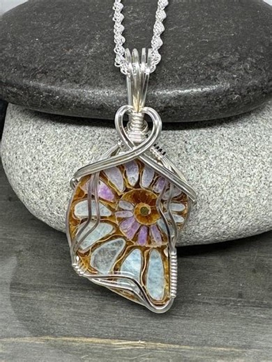 Ammonite Jewelry, Ammonite With Hackmanite Stone Inlay, Ammonite Pendant Necklace Wire Wrapped in Argentium Silver, Gift Item - Etsy
