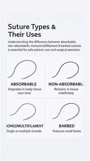 𝐄𝐗𝐏𝐋𝐎𝐑𝐄 𝐍𝐔𝐑𝐒𝐈𝐍𝐆 🎯✨ on Instagram: "Suture Types & Their Uses 🧵💉 Quick guide for medical & nursing students! • Absorbable – Degrades over time • Non-Absorbable – Stays permanently • Monofilament/Multifilament – Single vs multiple strands • Barbed Sutures – Tiny barbs for secure closure #medicaltips #nursingstudents #paramedical #sutures #explorerpage"