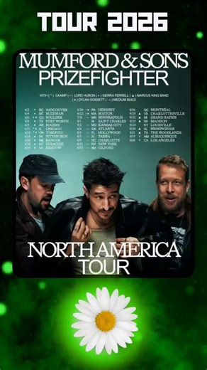 @Mumford & Sons Prizefighter #tour announced. North America: Leg 1 Jun 2: Vancouver, BC — Rogers Arena Jun 4: Bozeman, MT — Bobcat Stadium Jun 6: Boulder, CO — Folsom Field Jun 8: Fort Worth, TX — Dickies Arena Jun 9: Rogers, AR — Walmart AMP Jun 11: Chicago, IL — Wrigley Field Jun 13: Toronto, ON — Rogers Stadium Jun 14: Pittsburgh, PA — The Pavilion at Star Lake Jun 16: Bangor, ME — Maine Savings Amphitheater Jun 18: Syracuse, NY — Empower FCU Amphitheater Jun 19: Bristow, VA — Jiffy Lube Live