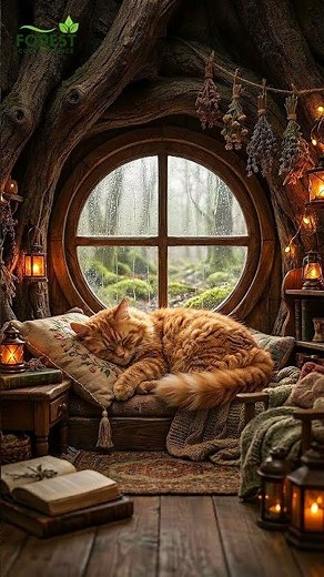 Cozy Cabin Rainy Night Orange Cat by Warm Fire #cozy #asmr #sleepaid