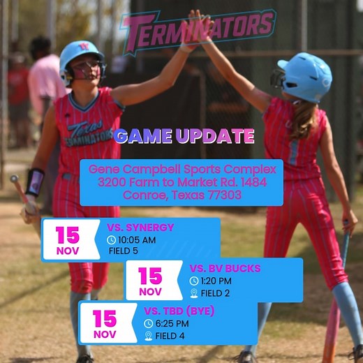 🦃 TEXAS TERMINATORS 12U – TOURNAMENT ANNOUNCEMENT We’re locked in for game time this weekend in Conroe at Gene Campbell Sports Complex for the Turkey Brawl Food Bank Drive Tournament! Neon pink. Sky blue. High energy. Big hearts. Let’s ball out and give back. 🩷🩵 Players, bring the fire. 🔥 Parents, bring the noise. 👏🏼 Terminators Nation, MOVE YA FEET! 👣 Hasta La Vista, Softball. 🥎 | Texas Terminators 12U