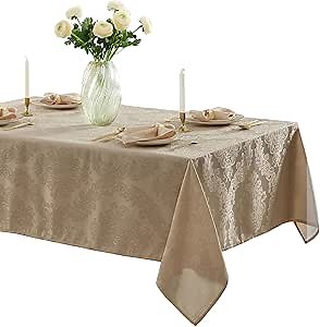 Newbridge Barcelona Luxury Damask Fabric Tablecloth, 70” Extra Wide x 126” Rectangle, Golden Beige, 100% Polyester, No Iron, Soil Resistant Dining Room, Party and Banquet Table Cover
