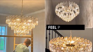 Gold Crystal Chandelier Lighting Foyer Hall Entry Way Chandeliers Light Fixture for High Ceiling Sloped Pendant Hanging French Empire Style Round Large 31.5 inch