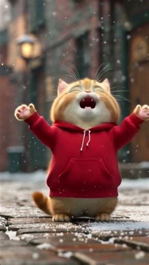 Hoodie Cat Running Through Falling Snow #cat #matercat #funnycats #cutecat