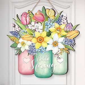 Ferraycle Spring Flower Door Sign Spring Decorations for Front Door Hello Welcome Sign with Jar Colorful Wooden Hanging Decorations for Home Indoor Outdoor Farmhouse Porch Decor