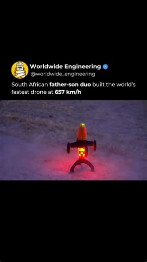WORLDWIDE ENGINEERING 🌍 on Instagram: "Breaking speed limits, literally. In this clip a South African father and son duo push the limits of drone engineering. Over two and a half years they’ve designed, built, and refined a quadcopter capable of jaw dropping speeds. After countless tests and improvements, the drone hit a staggering 657 kilometers per hour, setting a new Guinness World Record. Every component, from motors to aerodynamics, was optimized for maximum performance, showing how precis