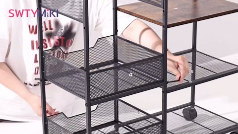 SWTYMIKI Kitchen Island Cart on Wheels - 4 Tier Rolling Kitchen Table Cart with Storage Shelves, 6 Removable Hooks& Locking Casters, Coffee Bar Cabinet for Dining Room Pantry Office, Black