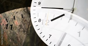 Clock hands move, counting down to a deadline. Wall timepiece blends in, emphasizing time management with hours, minutes, seconds