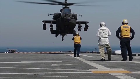 US Army AH-64 Apache helicopters patrol the Strait of Hormuz
