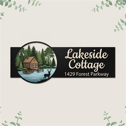 Custom Lakeside Cottage Sign, Personalized Wooden Address Plaque, Cabin and Deer Design, Custom Outdoor Cottage Sign - Etsy