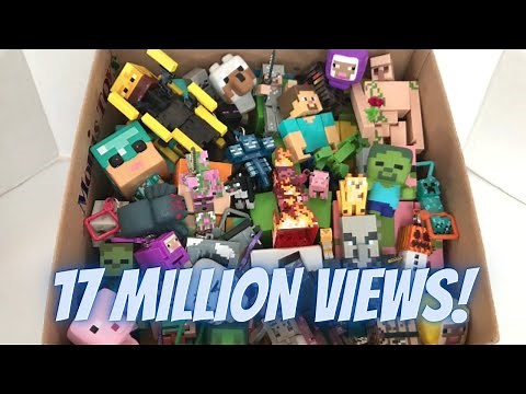 Box Full of Minecraft Figures Wolf Tabby Cat Burning Blaze Steve Ghast Enderman Alex Iron Golem