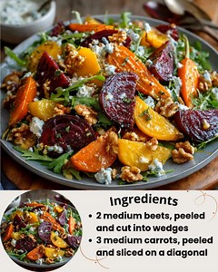 Roasted Beet & Carrot Salad with Feta Yogurt Dressing 🕒 Prep Time: 10 min | Cook Time: 35 min | Total Time: 45 min | Serves: 4 Ingredients For the Salad: 2 medium beets, peeled and cut into wedges 3 medium carrots, peeled and sliced on a diagonal 1½ tbsp olive oil Salt and black pepper, to taste ½ tsp ground cumin (optional, for warmth) ¼ cup crumbled feta cheese Fresh herbs (parsley or dill), for garnish For the Yogurt Dressing: ½ cup plain Greek yogurt (or plant-based alternative) 1 tbsp oliv