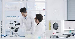 Scientist, people and teamwork in chemistry for laboratory research, medical test and mentor with checklist documents. Science man, woman or expert in biotechnology, microscope and data in time lapse