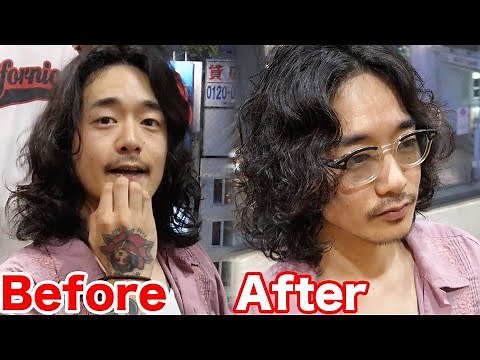 A long-haired, tattooed, bearded man's hair salon routine.