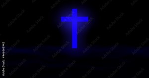 Blue cross on black background. wavy particles and beautiful light rays coming from the cross of Jesus. Salvation, truth and atonement from sins, Christianity and Holy Spirit Stock Video