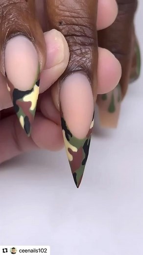 Sign us up for these camo nails 💚🤎🖤 @ceenails102 #frenchtip #frenchnail #creativefrenchnails #camonails #ɴᴀɪʟsᴍᴀɢᴀᴢɪɴᴇ | NAILS Magazine