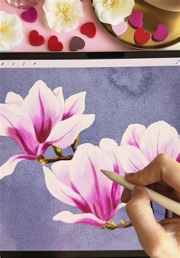 Magnolia 🌸 The full tutorial for this illustration is available, including the sketch and color palette, if you’d love to learn how to paint in this watercolor style. I’m using my Realistic Watercolor Brushes for this illustration. #procreate #watercolor #procreatebrushes