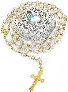 8mm Rosary Beads Necklace, Rosary Beads Catholic for Men and Women Comes in a Metal Gift Box, First Communion Rosary Necklace as Gifts(Gold)