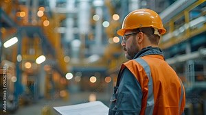 Engineer Evaluating Factory Plans in Industrial Setting. Concept Industrial Engineering, Factory Layout, Equipment Maintenance, Process Optimization, Workflow Analysis Stock Video