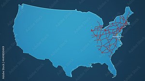 Light blue map of USA with cities, roads and railways on a dark blue background. 4K Animation with alpha channel