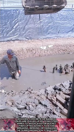 Pile removal with excavator bucket || Construction measures