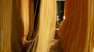 Production of pasta on production line. Macaroni factory and pasta production. Raw spaghetti hung in pasta factory, swinging, to dry. Food background for restaurants or cafes. Close up. Slow motion.