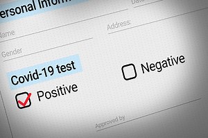 Covid-19 test report positive tick mark background. Medical form of...