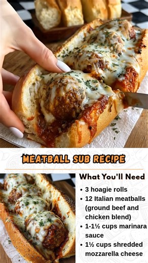 Meatball Sub These hearty meatball subs are comfort food at its finest – tender homemade meatballs nestled in soft hoagie rolls, smothered in marinara sauce and melted cheese. The combination of beef and chicken keeps the meatballs juicy and flavorful, while that final blast in the oven creates the perfect cheese pull. It's the kind of sandwich that requires plenty of napkins and brings smiles to everyone at the table. What You'll Need 3 hoagie rolls 12 Italian meatballs (ground beef and chicken