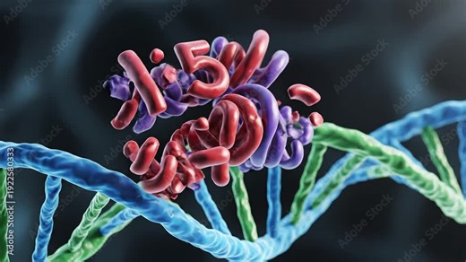 Microscopic view of a protein molecule with the letters P53 prominently displayed, interacting with a DNA double helix structure in a scientific laboratory setting.