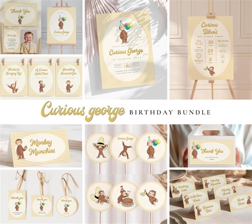 Curious George Birthday Party Bundle | Watercolor Editable Canva Templates - Etsy