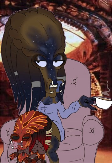 Who needs TV, when you have friends like these? Art of these hilariously cursed characters were made by @beefy yautja boi , Rodger like alien belongs to @QueenlyBeastly , and the blue alien belongs to @QB_cartoons . #fyp #predator #meme #americandad #familyguy