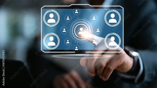 Business hand selecting candidate profiles on HR interface modern recruitment visualization talent acquisition dashboard employee selection technology hiring strategy platform