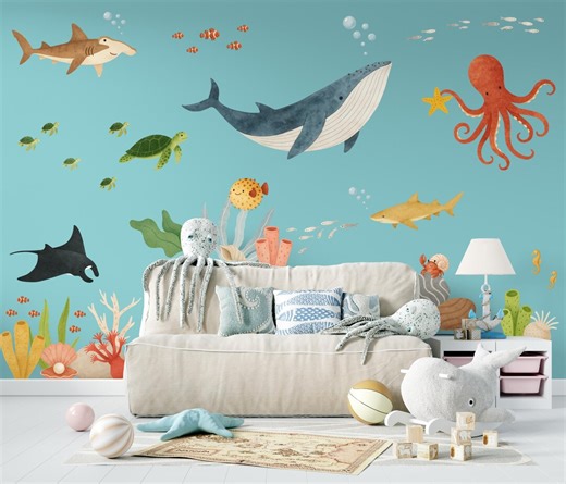 Ocean Animal Wall Decals, Sea Themed Wall Stickers, Watercolor Under the Sea Wall Decals Kids Room, Nursery Sea Creature Wall Decal - Etsy