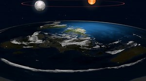 Zoom out from a flat earth model. Side view with clouds layer. Ancient, geocentric concept of universe