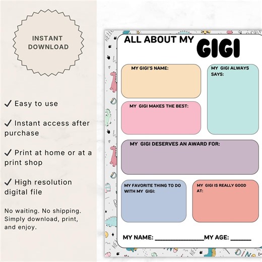 All About My Gigi Dinosaur Printable, Mother’s Day Kids Activity for Grandma, Fun Fillable Worksheet, Instant PDF Download - Etsy