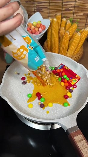 Colorful Candy Popcorn Recipe in a Frying Pan