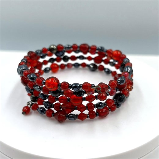 Vintage Red & Black Multi-strand Beaded Wrap Bracelet Glass Hematite Tone - Etsy