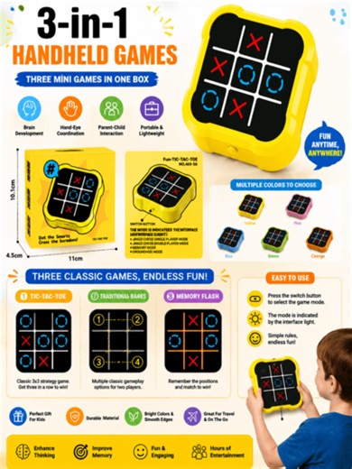 Kinder Tic-Tac-Toe Touchscreen Spelconsole – 4 Modi (Enkel/Twee spelers/Geheugen/Whack-A-Mole) | Puzzelspeelgoed voor hersen- en handcoördinatie | Elektronisch leerspel voor op het bureau, geschikt voor kinderen vanaf 3 jaar | Verjaardagscadeau voor jongens en meisjes | SHEIN