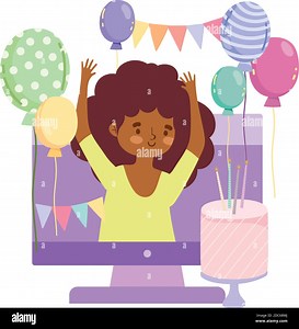 online party, happy girl in video celebrating birthday with cake vector illustration Stock Vector Image & Art - Alamy